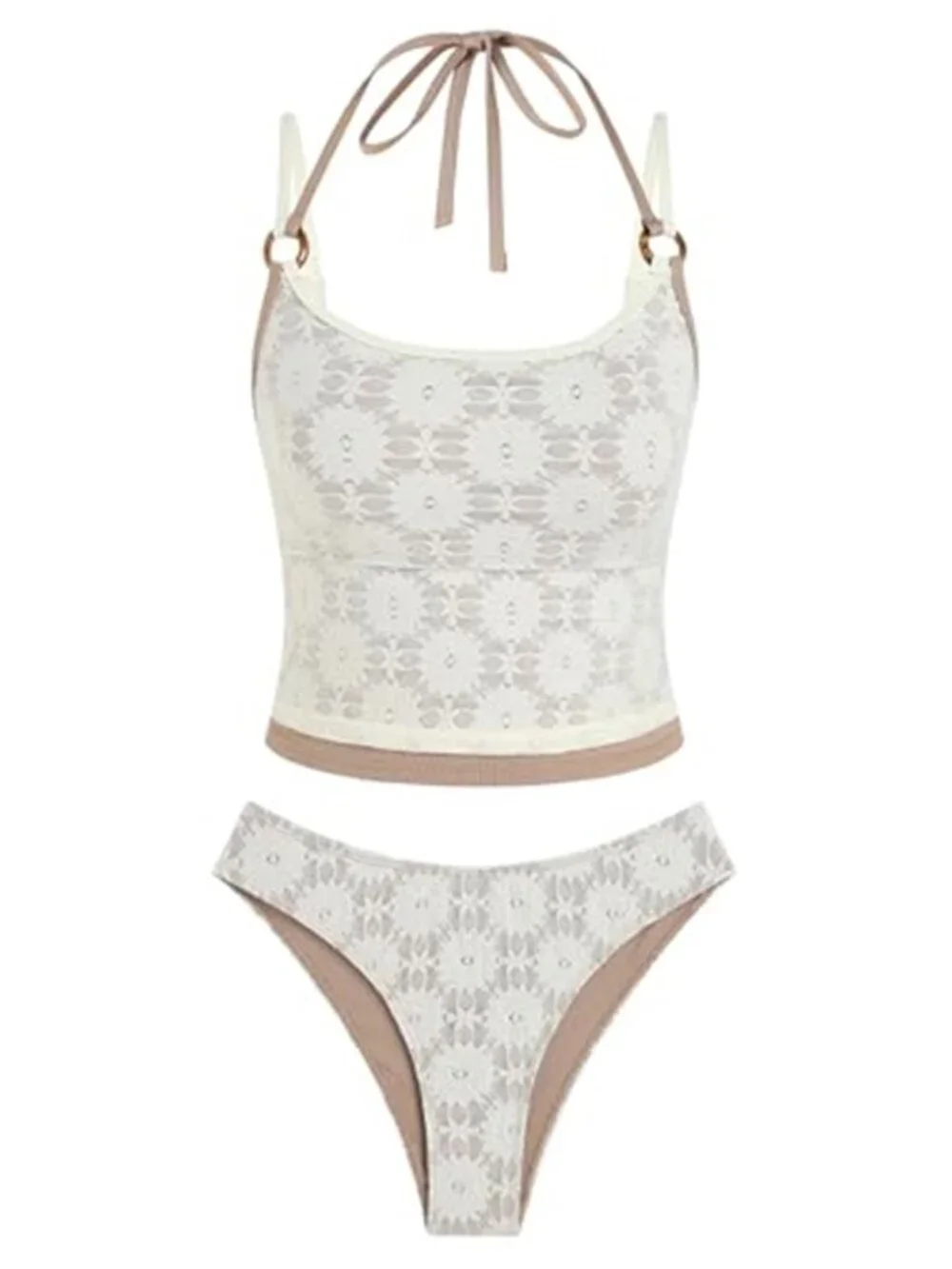 Women's Halter Tankini Set Lace Contrast Low Waisted Floral Swimsuit